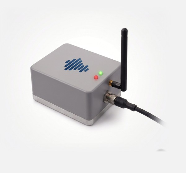 ChekIoT smart sensor: a grey wireless sensor with an antenna and a cable gland