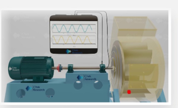 ChekLearn simulator: a motor, shaft and rotor rig with a tablet that shows the vibration traces