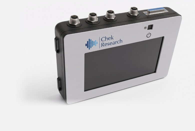 ChekVib-4 portable vibration analyzer: four input connectors, status LEDs and a colour display
